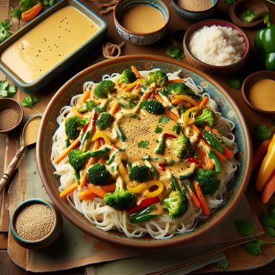 Image of Rice Noodles with Tahini Sauce and Mixed Veggies