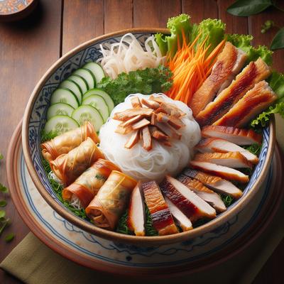 Image of Rice Vermicelli Salad with Grilled Pork and Spring Rolls