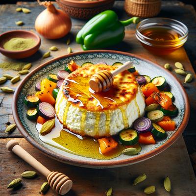 Image of Ricotta Cake with Honey and Cardamom Roasted Vegetables