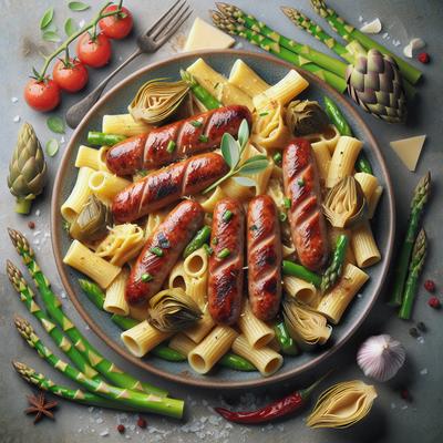 Image of Rigatoni with Sausage Artichokes and Asparagus
