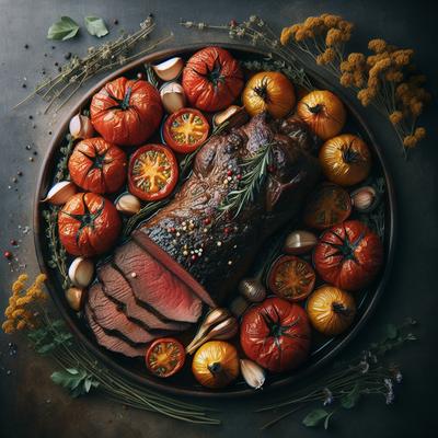 Image of Roast Beef with Slow Cooked Tomatoes and Garlic