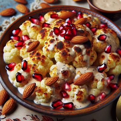 Image of Roast Cauliflower with Almond Pomegranate Seeds and Tahini Sauc