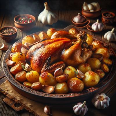 Image of Roast Chicken Potatoes and Garlic 1977