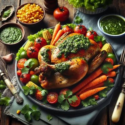 Image of Roast Chicken with Cilantro Pesto and Vegetables