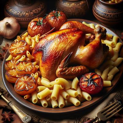 Image of Roast Chicken with Ginger Macaroni and Caramelized Tomatoes