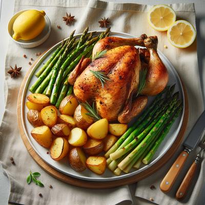 Image of Roast Chicken with Potatoes Lemon and Asparagus