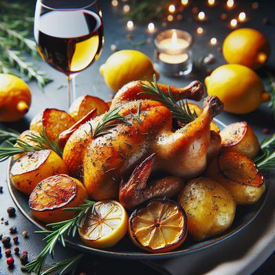 Image of Roast Cornish Hens with Rosemary Potatoes Lemons Wine