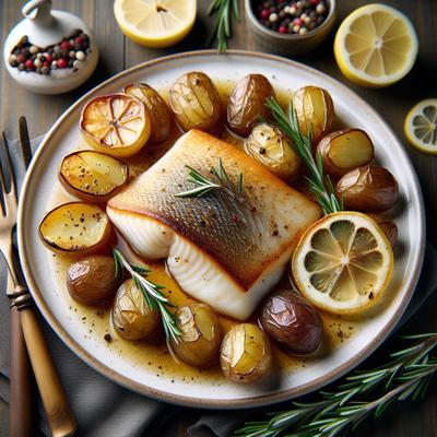 Image of Roast Halibut with Fingerling Potatoes Lemon and Rosemary