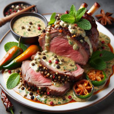 Image of Roast Lamb W Peppercorn Cream Sauce and Jalapeno Mint Sauce