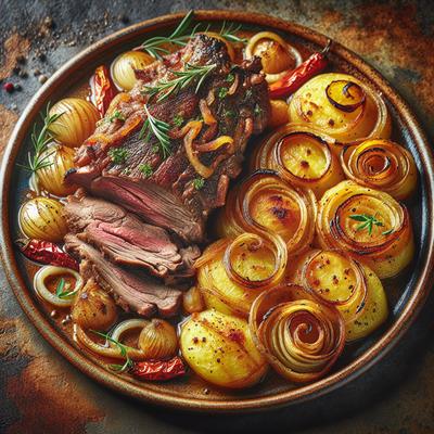 Image of Roast Lamb with Potato Onion and Pepper Gratin
