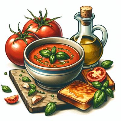 Image of Roast Tomato and Basil Soup with Olive Oil Toasts