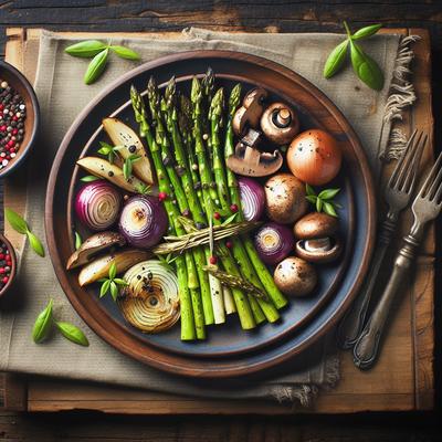 Image of Roasted Asparagus Onions and Mushrooms