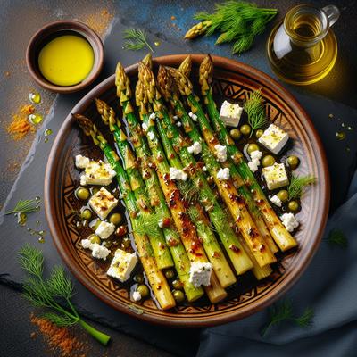 Image of Roasted Asparagus Sprinkled with Feta Olive Oil and Dill