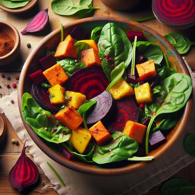 Image of Roasted Beetroot Beet Sweet Potato and Spinach Salad