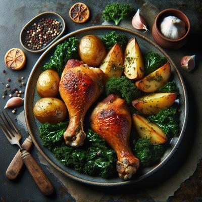 Image of Roasted Chicken Legs with Potatoes and Kale