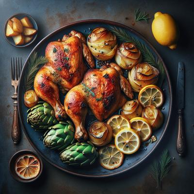 Image of Roasted Chicken Thighs with Potatoes Artichokes and Lemon