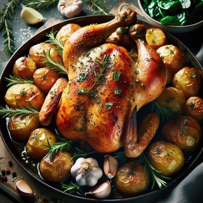 Image of Roasted Chicken with Potatoes and Spinach