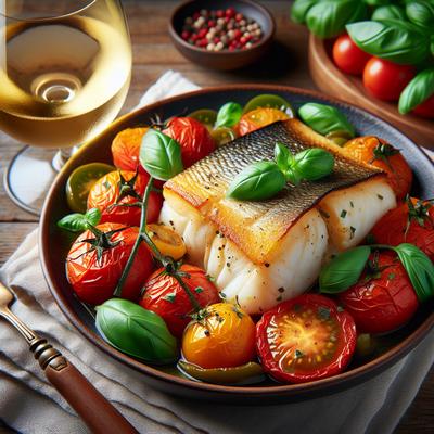 Image of Roasted Cod and Tomatoes with Basil and White Wine