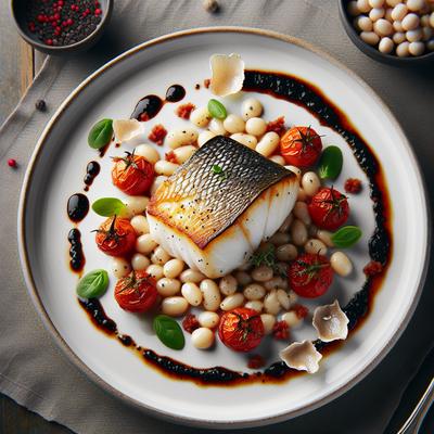 Image of Roasted Cod with White Beans Tomato Compote and Truffle Oil