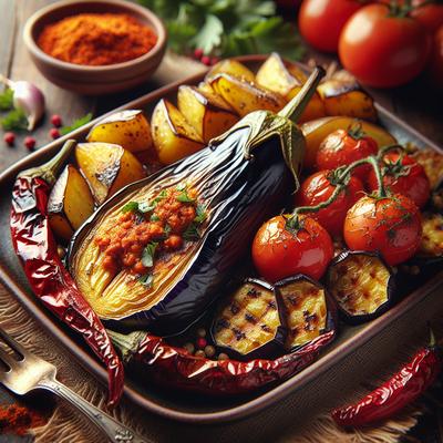 Image of Roasted Eggplant with Harissa Potatoes and Tomatoes