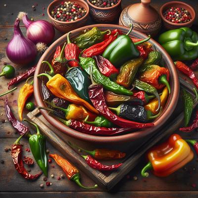 Image of Roasted Fresh Chilies Like Poblanos Jalapenos Bell Peppers