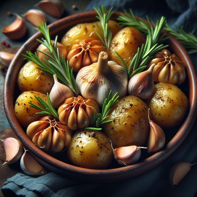 Image of Roasted Garlic Heads and New Potatoes with Rosemary