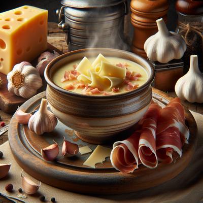 Image of Roasted Garlic Soup with Swiss Cheese and Prosciutto
