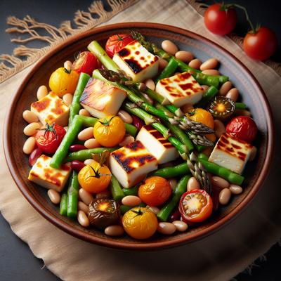 Image of Roasted Halloumi Bean Tomato and Asparagus Salad