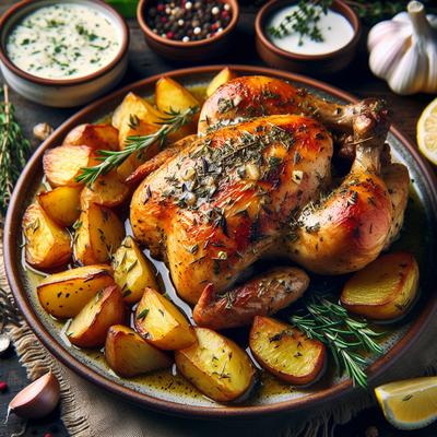 Image of Roasted Herbed Chicken with Potatoes and Creamy Lemon Sauce