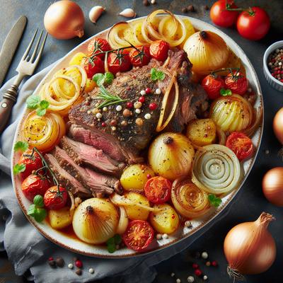 Image of Roasted Lamb with Potato Onion and Tomato Gratin