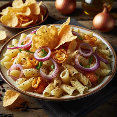 Image of Roasted Onion Pasta Salad with Peppered Cheese Crisps