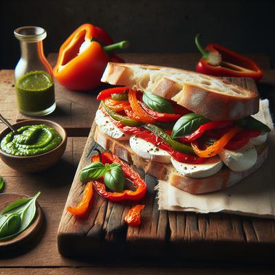 Image of Roasted Pepper and Mozzarella Sandwich with Basil Puree