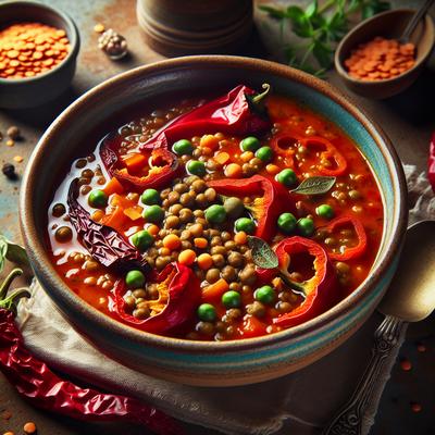 Image of Roasted Pepper Soup with Lentils and Peas