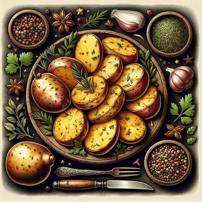 Image of Roasted Potato Halves with Herb Sprigs