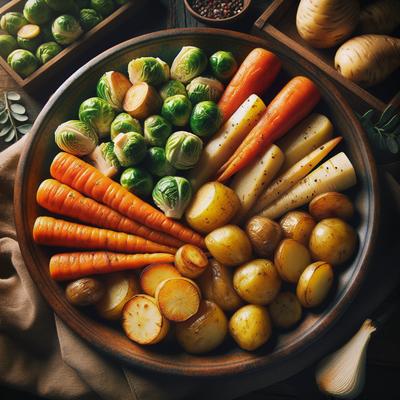 Image of Roasted Potatoes Carrots Parsnips and Brussels Sprouts