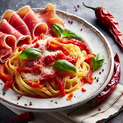 Image of Roasted Red Pepper Puree W Prosciutto and Linguine