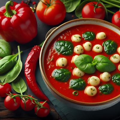 Image of Roasted Red Pepper Tomato Soup with Spinach Gnocchi