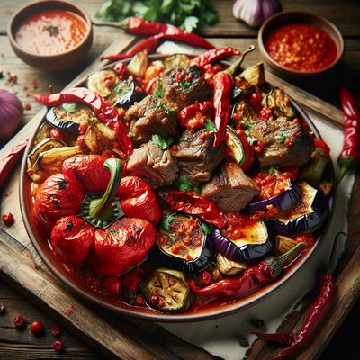 Image of Roasted Red Peppers with Lamb Eggplant and Chili Sauce