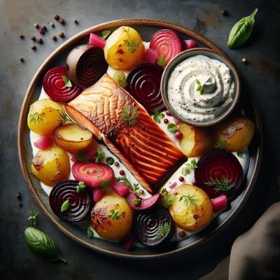 Image of Roasted Salmon Beets and Potatoes with Horseradish Cream