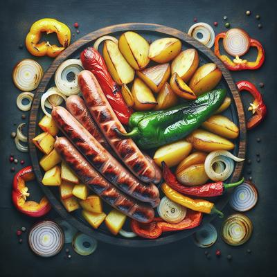 Image of Roasted Sausages Peppers Potatoes and Onions