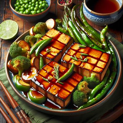 Image of Roasted Teriyaki Tofu Steaks with Glazed Green Vegetables