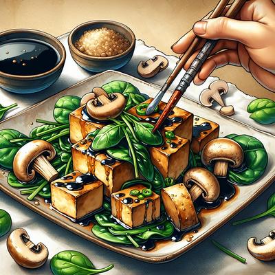 Image of Roasted Tofu with Mushrooms Soy Ginger on Baby Spinach
