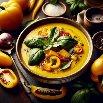 Image of Roasted Yellow Pear Tomato Yellow Pepper and Basil Bisque