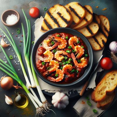 Image of Romesco with Grilled Bread Spring Onions and Shrimp
