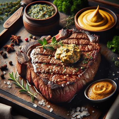 Image of Sacr Boeuf Sirloin Steak Topped with Mustard Herb Butter