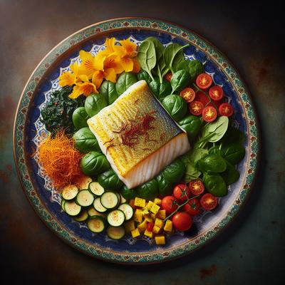 Image of Saffron Scented Halibut with Spinach Zucchini and Tomato