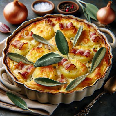 Image of Sage and Potato Gratin with Bacon and Onions