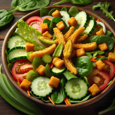 Image of Salad Greens and Veggies with Fried Okra Croutons