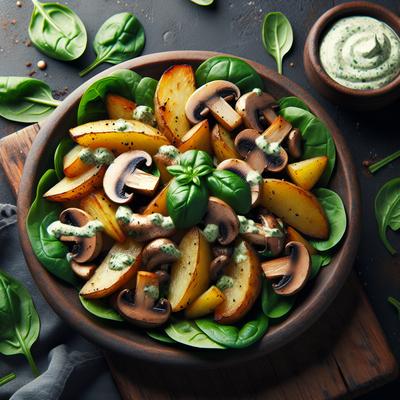 Image of Salad of Roasted Potatoes and Mushrooms on Spinach W Basil Aioli