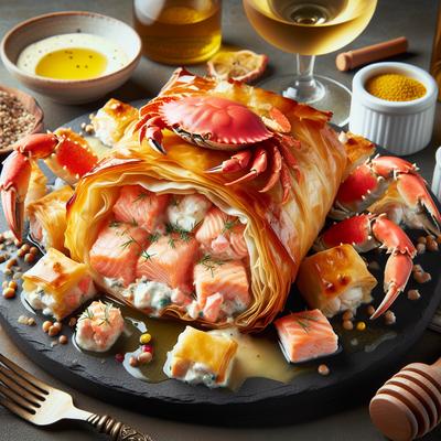 Image of Salmon and Crab in Phyllo with White Wine Honey Mustard Sauce